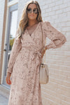 Leopard Surplice Neck Bubble Sleeve Maxi Dress with Sash-Dresses-MomFashion