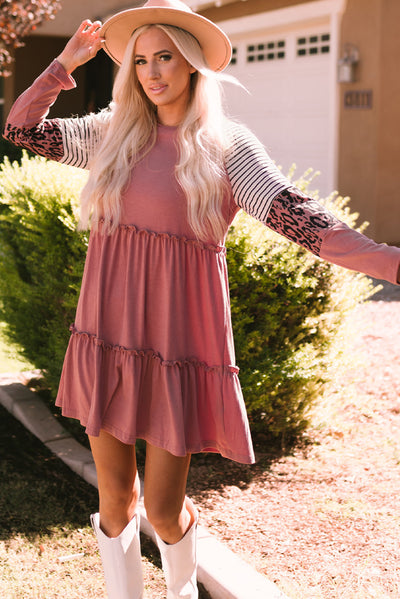 Pink Striped Leopard Patchwork Long Sleeve Mini Dress-Dresses-MomFashion