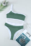 Green One Shoulder Patchwork High-waisted Bikini Set-Swimwear-MomFashion