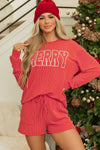 Racing Red Corded MERRY Graphic Long Sleeve Top and Shorts Set-Two Piece Sets/Short Sets-MomFashion