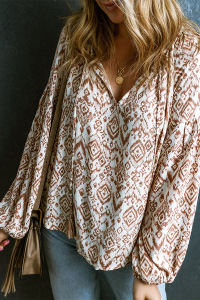 Apricot Western Print Balloon Sleeve Tassel Blouse-Tops-MomFashion