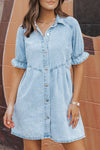 Beau Blue Mineral Wash Ruffled Short Sleeve Buttoned Denim Dress-Dresses-MomFashion