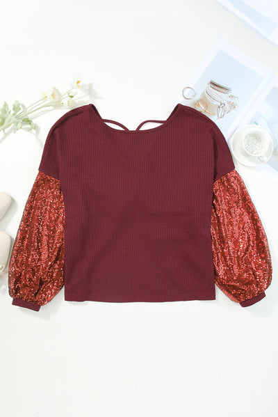 Burgundy Sequin Patchwork Sleeve Open Back Waffle Knit Top-Tops-MomFashion