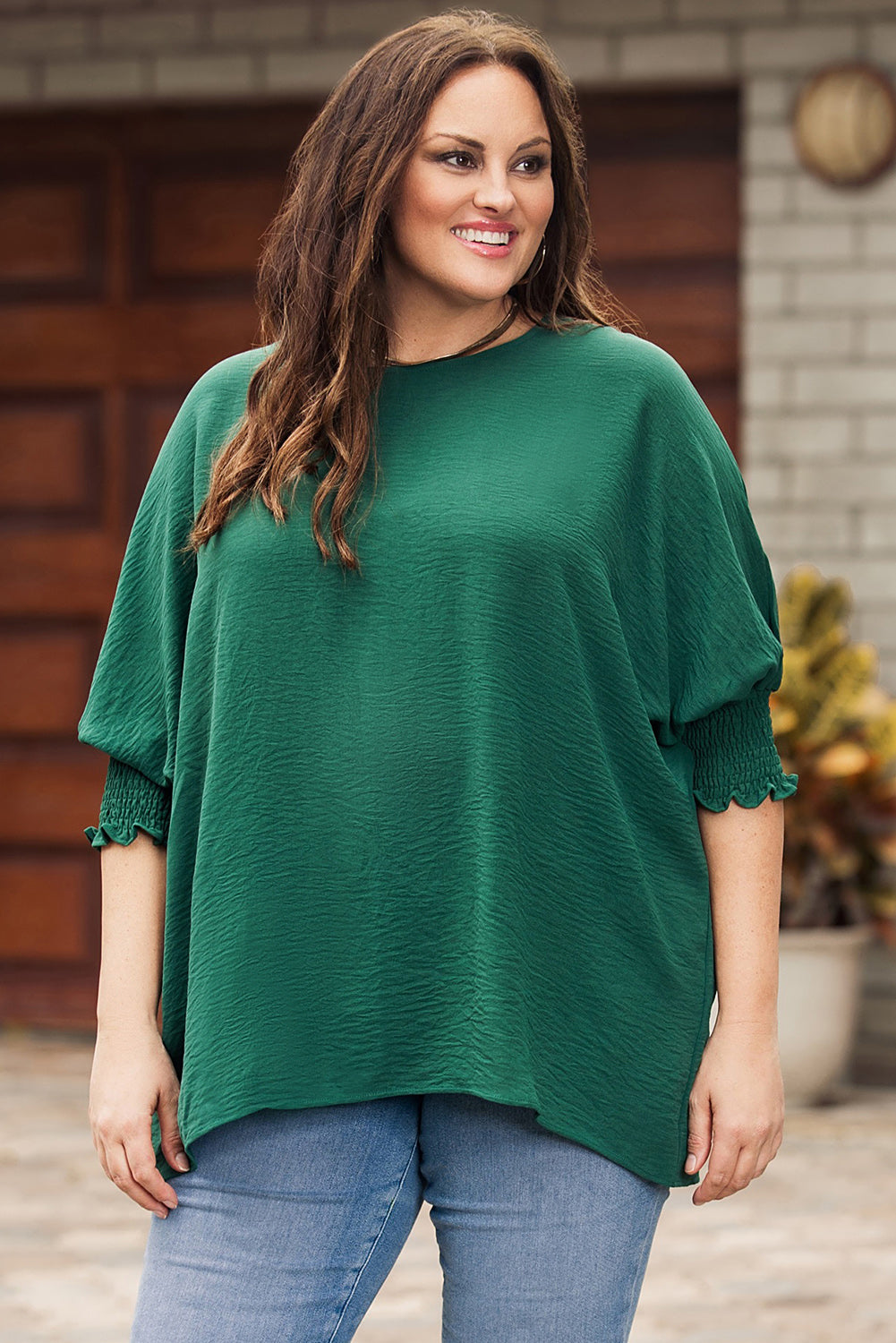 Green Smocked Wrist Shift Top-Tops-MomFashion