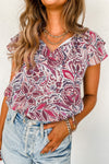 White Floral Ruffled Short Sleeve V Neck Blouse-Tops-MomFashion