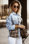 Sky Blue Plaid Patchwork Raw Hem Denim Jacket-Outerwear-MomFashion