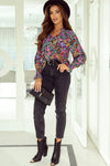 Multicolor Floral Print Ruffled Long Sleeve V-Neck Blouse-Tops-MomFashion