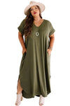 Green Plus Size V Neck Rolled Cuffs Maxi Dress-Plus Size-MomFashion