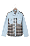 Sky Blue Plaid Patchwork Raw Hem Denim Jacket-Outerwear-MomFashion