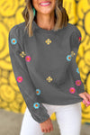 Medium Grey Floral Embroidered Puff Sleeve Blouse-Tops-MomFashion