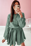 Jungle Green Button Neck Puff Sleeve Belted Pleated Mini Dress-Dresses-MomFashion