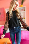 Black Leopard Print Long Sleeve Ribbed Knit Blouse-Tops-MomFashion