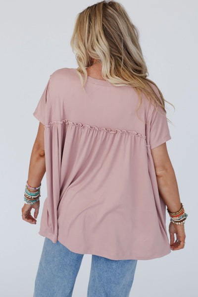 Light Pink Ruffled Trim Loose Babydoll Tee-Tops-MomFashion