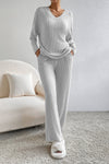 Light Grey Ribbed Knit V Neck Slouchy Two-piece Outfit-Loungewear-MomFashion