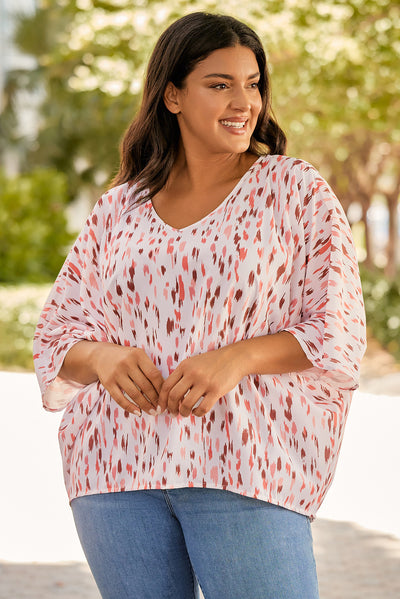 Pink Printed 3/4 Dolman Sleeve Plus Size Blouse-Plus Size-MomFashion