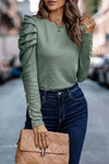 Green Buttoned Puff Long Sleeve Sheath Top-Tops-MomFashion