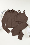 Brown Ribbed Knit 3pcs Sports Set-Activewear-MomFashion