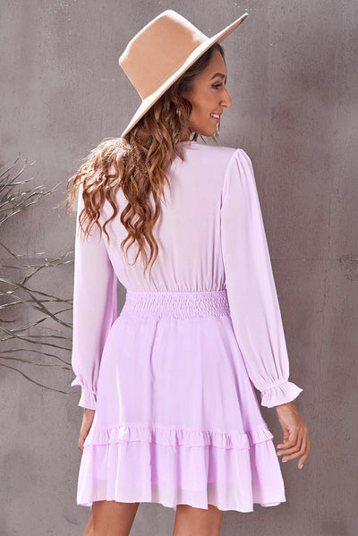 Deep V Neck Lantern Sleeve Knotted Tiered Mini Dress-Dresses-MomFashion