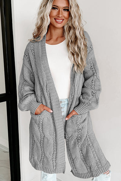 Gray Ribbed Trim Eyelet Cable Knit Cardigan-Tops-MomFashion