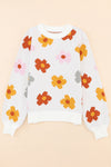 White Sweet Flower Knitted Ribbed Hem Sweater-Tops-MomFashion