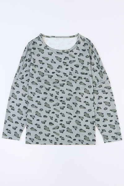 Leopard Animal Print Stitching Loose Long Sleeve Top-Tops-MomFashion