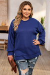 Blue Plus Size Waffle Knit Oversized Exposed Seam Top-Plus Size-MomFashion