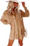 Light French Beige Velvet Button Front Shirt Mini Dress-Dresses-MomFashion