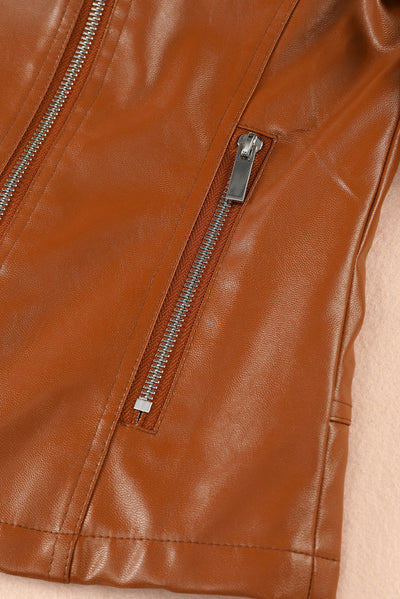 Brown Ribbed Seam Detail Faux Leather Zipped Motorcycle Jacket-Outerwear-MomFashion