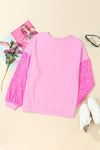 Pink Sequin Patchwork Long Sleeve Pullover Top-Tops-MomFashion