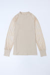 Apricot Striped Mesh Long Sleeve Crewneck Ribbed Top-Tops-MomFashion