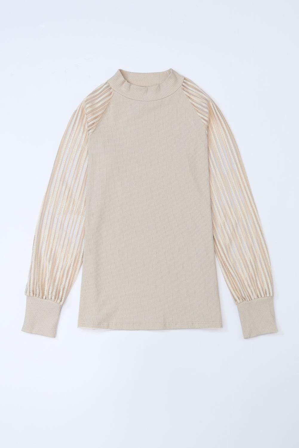 Apricot Striped Mesh Long Sleeve Crewneck Ribbed Top-Tops-MomFashion