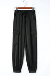 Black Satin Pocketed Drawstring Elastic Waist Pants-Bottoms-MomFashion