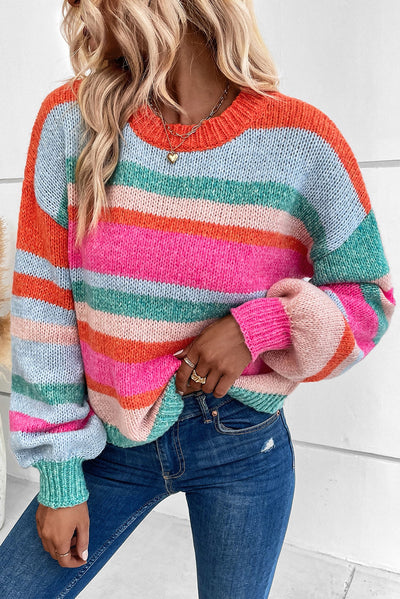 Multicolor Striped Knit Drop Shoulder Puff Sleeve Sweater-Tops-MomFashion