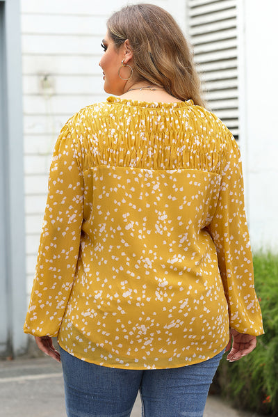 Yellow Plus Size Floral Print Ruched Split Neck Blouse-Plus Size-MomFashion