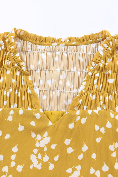 Yellow Split Neck Fall Printed Crinkled Blouse-Tops-MomFashion