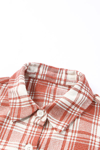 Fiery Red Plaid Print Button Long Shacket-Outerwear-MomFashion