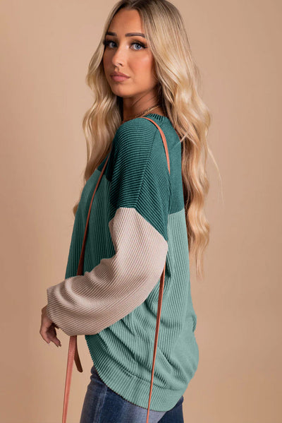 Green Color Block Long Sleeve Ribbed Loose Top-Tops-MomFashion