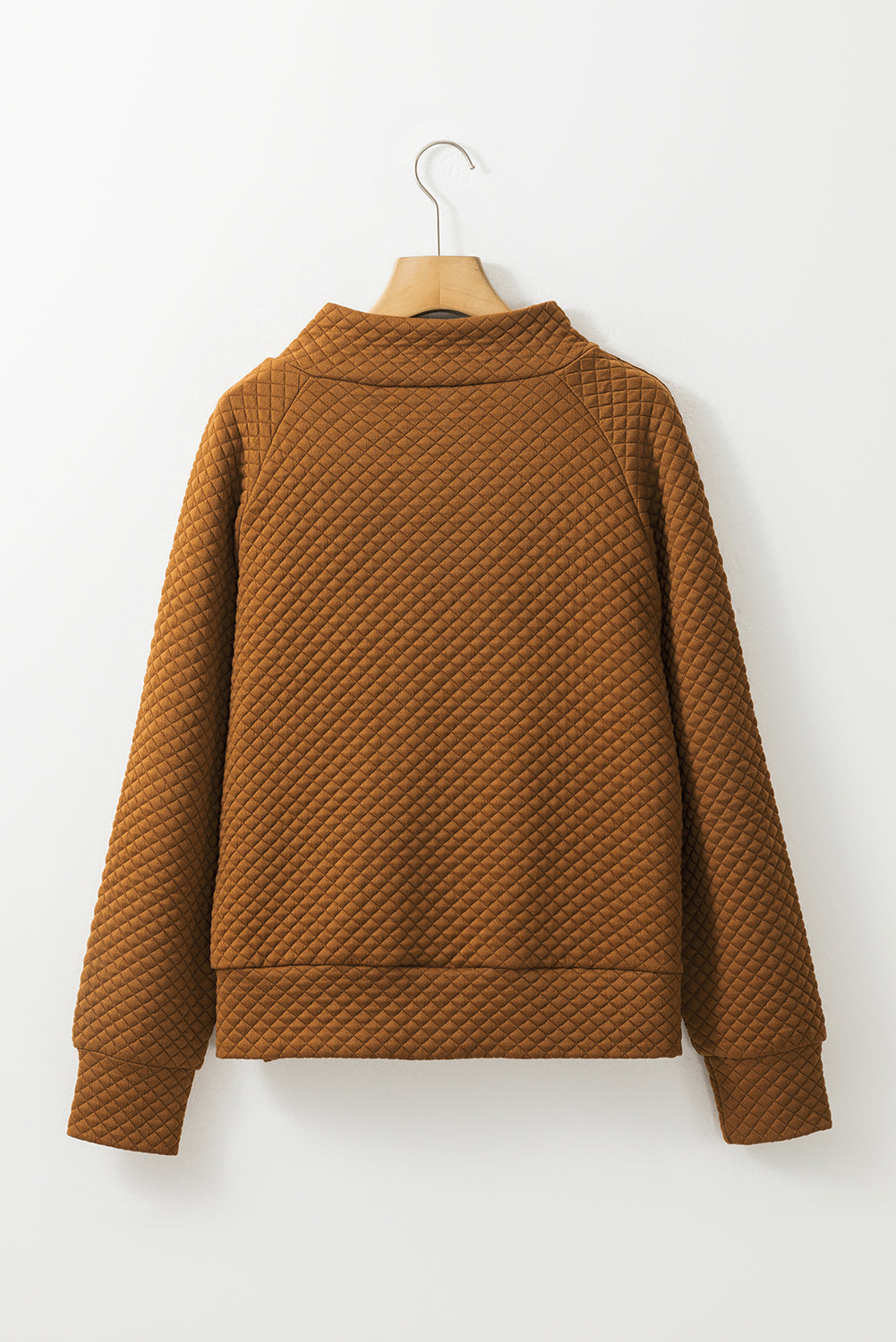 Chestnut Quilted Buttoned Neckline Stand Neck Pullover Sweatshirt-Tops-MomFashion