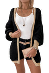 Black Contrast Trim Open Front Lantern Sleeves Cardigan-Tops-MomFashion