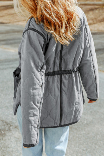 Gray Stitching Quilted Drawstring Jacket-Outerwear-MomFashion