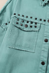 Mist Green Frayed Trim Riveted Denim Jacket-Outerwear-MomFashion