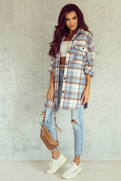 Sky Blue Plaid Flap Pocket Long Sleeve Shacket-Outerwear-MomFashion