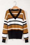 Brown Stripe Contrast Stripes V Neck Textured Knit Sweater-Tops-MomFashion