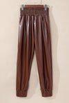 Brown Smocked High-Waist Leather Skinny Pants-Bottoms-MomFashion