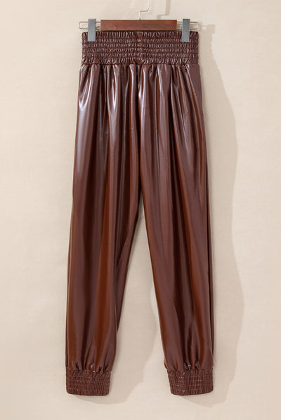 Brown Smocked High-Waist Leather Skinny Pants-Bottoms-MomFashion