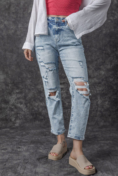 Sky Blue Light Wash Frayed Slim Fit High Waist Jeans-Bottoms-MomFashion