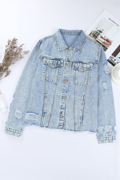 Sky Blue Lapel Distressed Raw Hem Buttons Denim Jacket-Outerwear-MomFashion