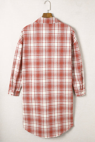 Fiery Red Plaid Print Button Long Shacket-Outerwear-MomFashion