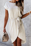 Khaki Stripe Short Sleeve Belted Wrapped Hemline T-Shirt Dress-Dresses-MomFashion