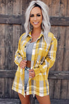 Yellow Plaid Button Up Patch Pocket Shirt-Tops-MomFashion